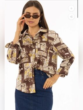 Dress Blank Brown Multi Printed Blouse NWT🔥